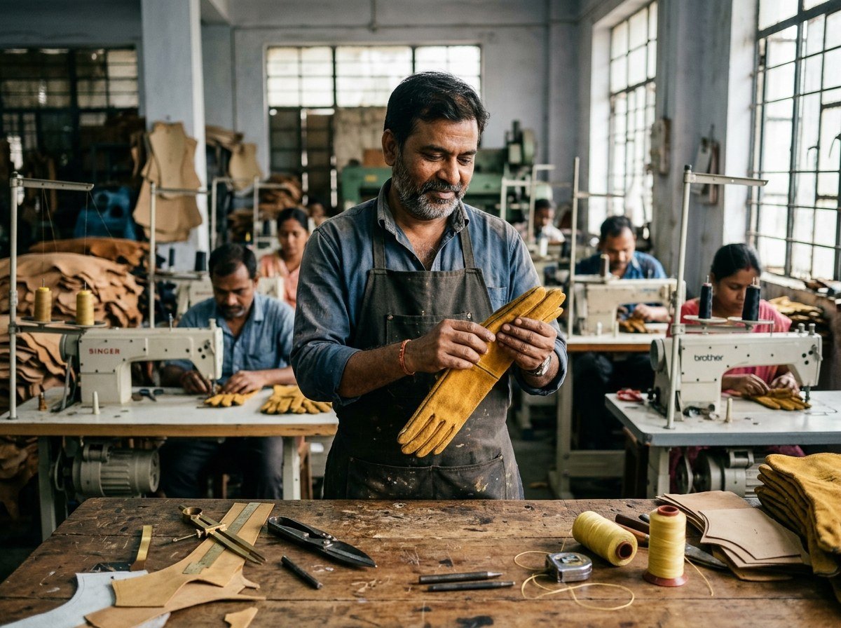 PNB Leather founder and master craftsmen inspecting welding gloves on Kolkata factory floor